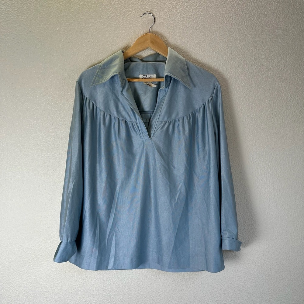 Paul of California Blouse Women XL Blue Good Vintage 70s Dagger Collar Shimmer